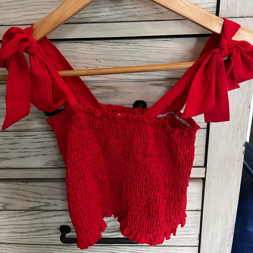 Red Smocked crop with tie closure